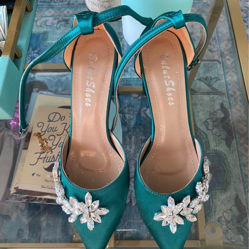 Emerald Green Rhinestone adorned block heels